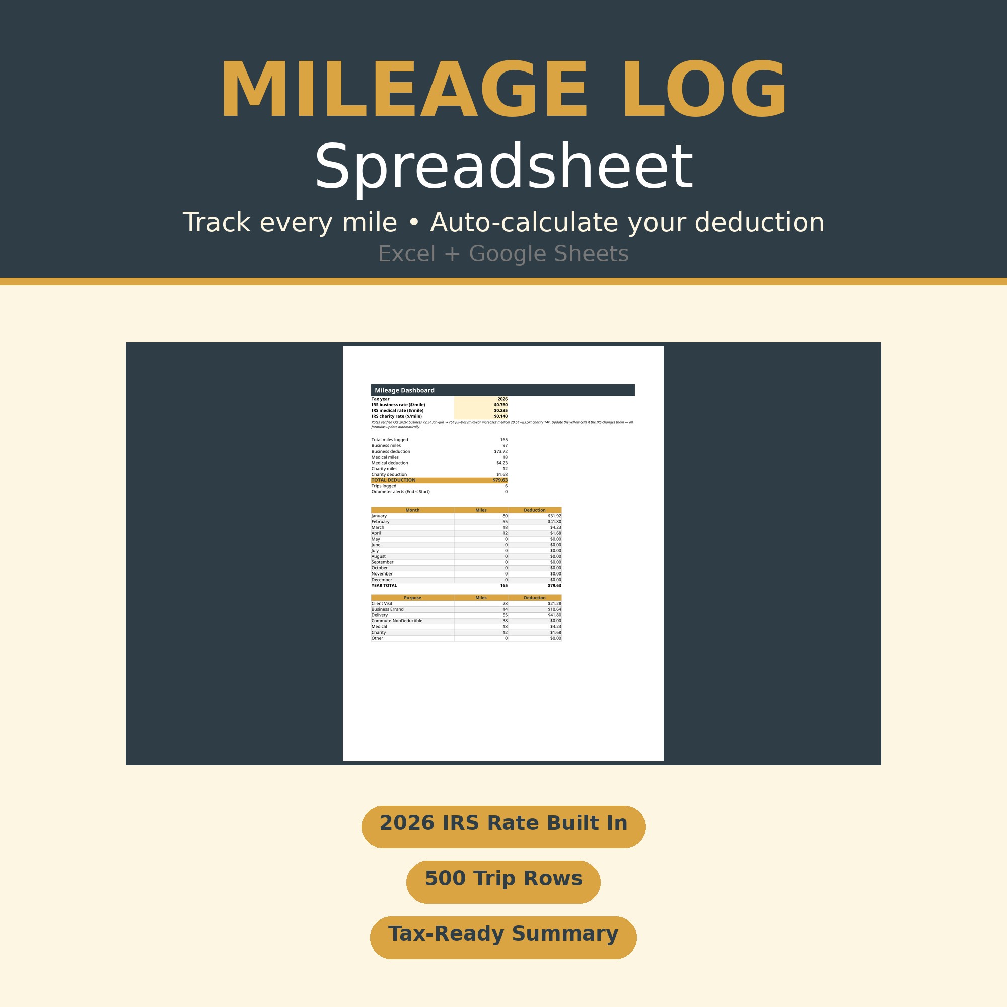 Mileage Log Spreadsheet – 2026 IRS Rate Built In preview